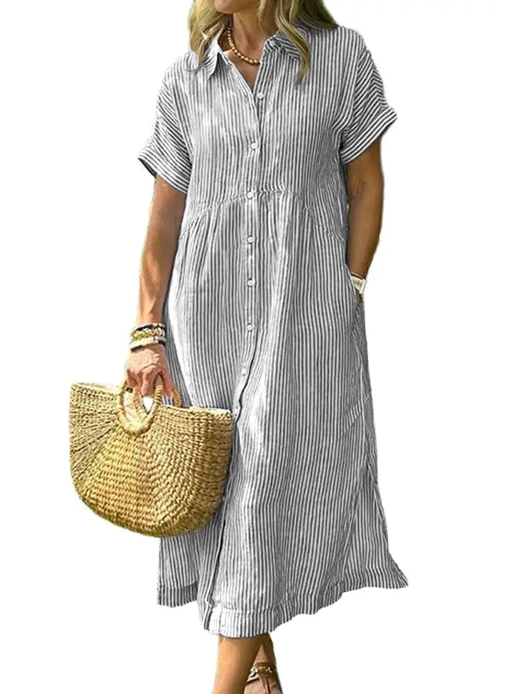 Womens Striped Linen Midi Shirt Dress Casual Loose Button Down