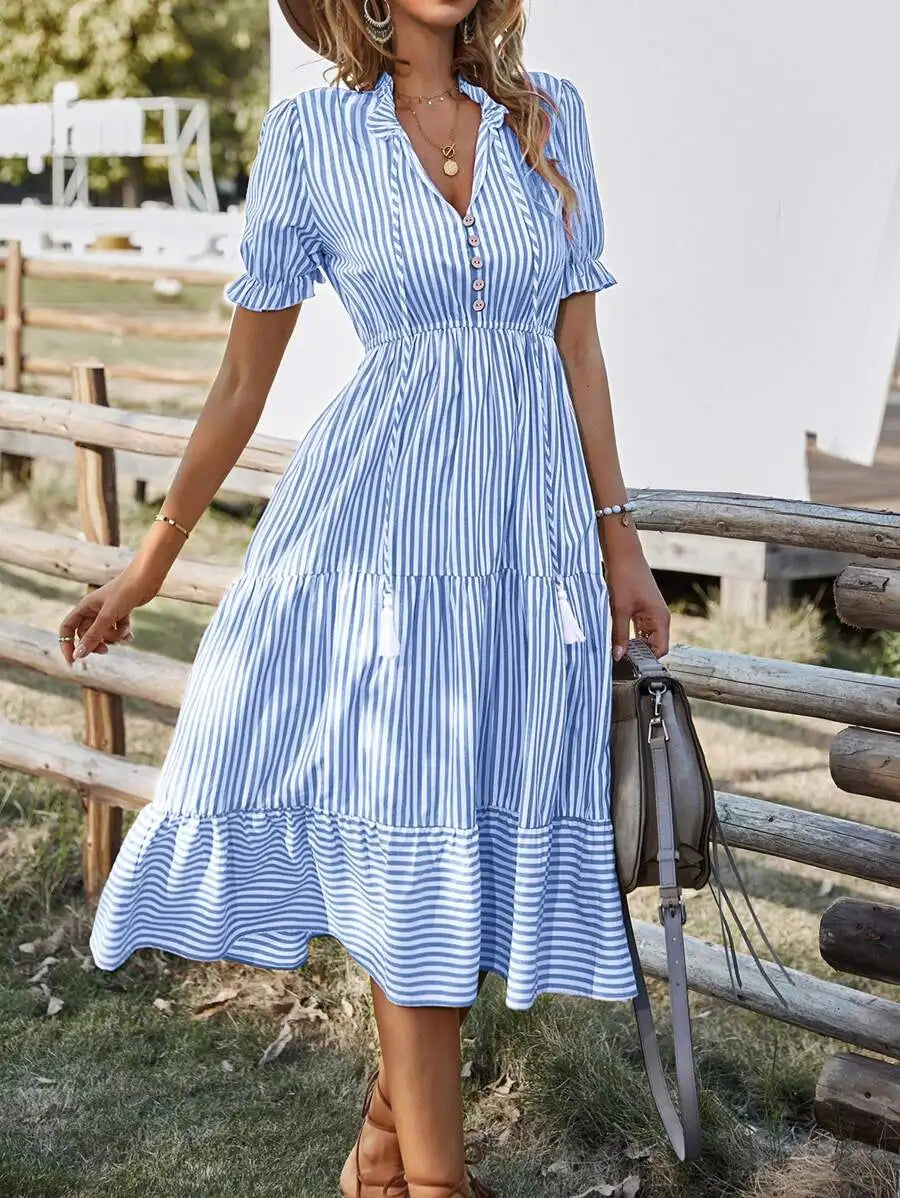 Vertical Striped Flounce Sleeve Tassel Tie Neck Midi Dress Women