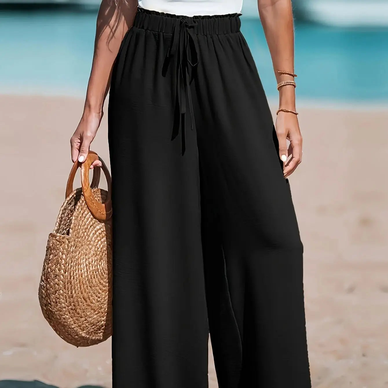 Women Casual Wide Leg Pants Elastic Waist Pockets All Season Loose Fit