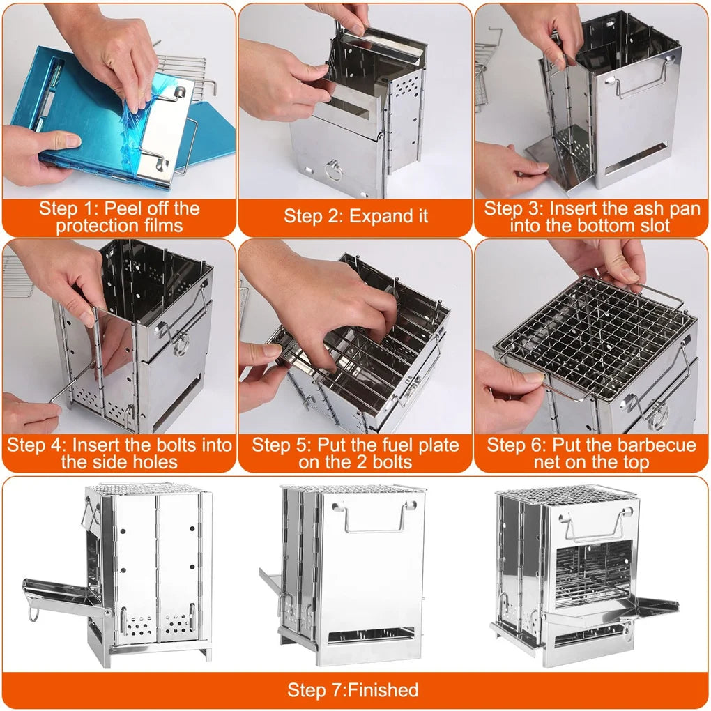 Foldable Camping Wood Burning Stove With Grill Stainless Steel