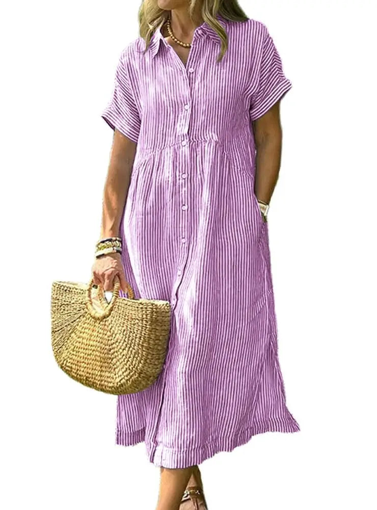 Womens Striped Linen Midi Shirt Dress Casual Loose Button Down