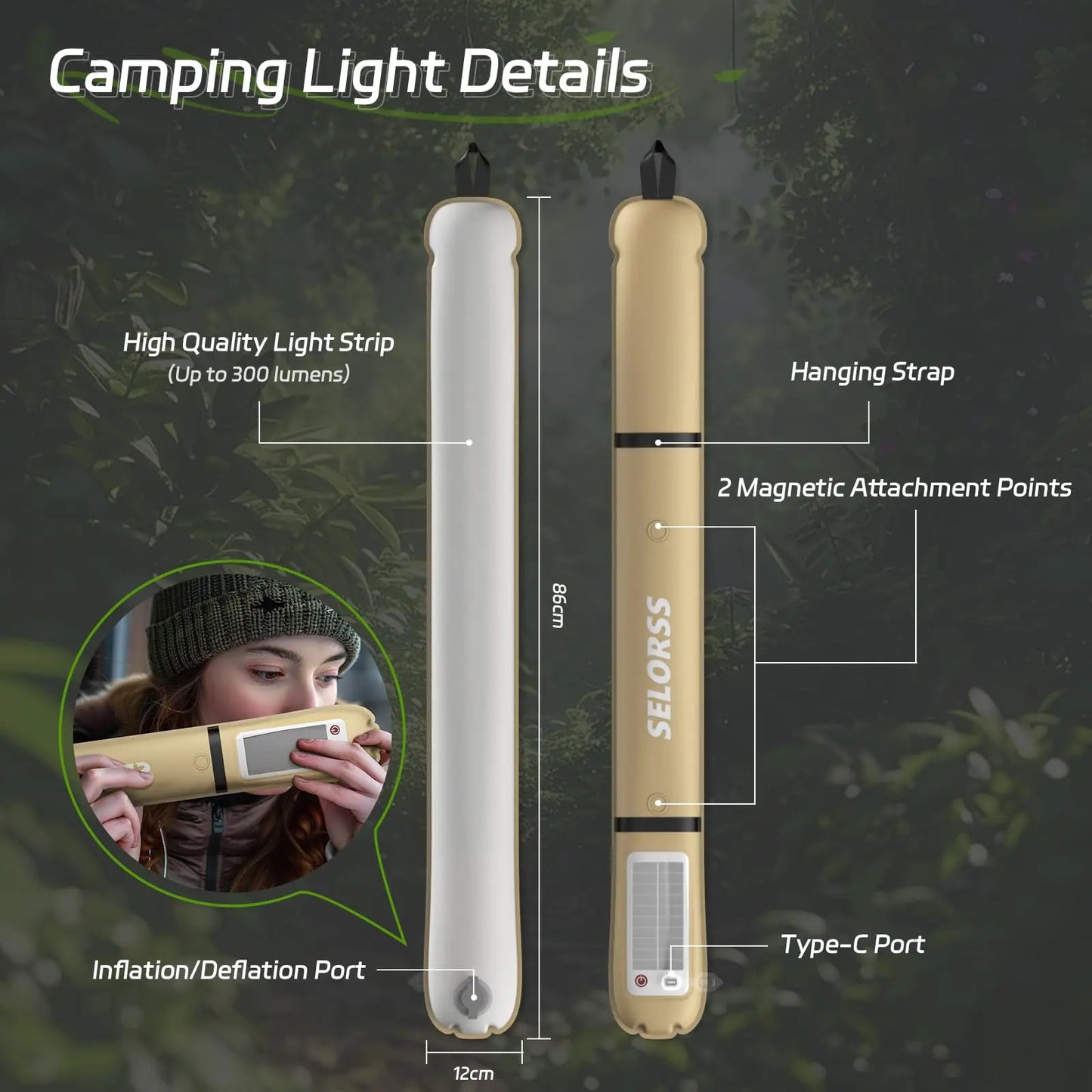 Solar Camping Lantern 2000mAh Folding Portable Waterproof USB Type C