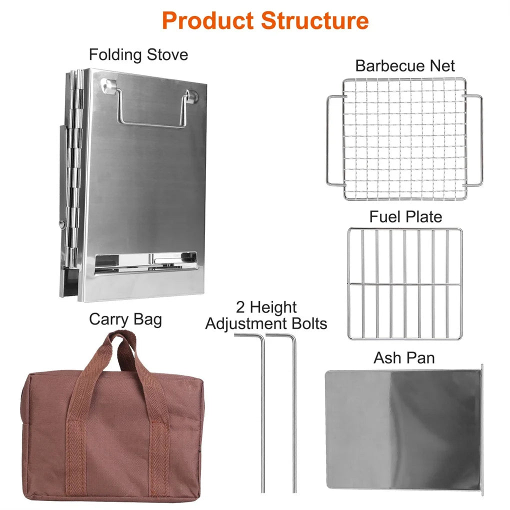 Foldable Camping Wood Burning Stove With Grill Stainless Steel