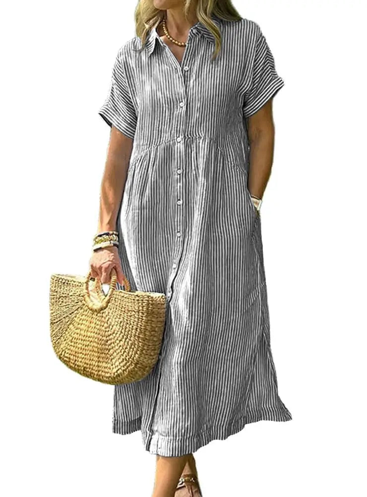 Womens Striped Linen Midi Shirt Dress Casual Loose Button Down