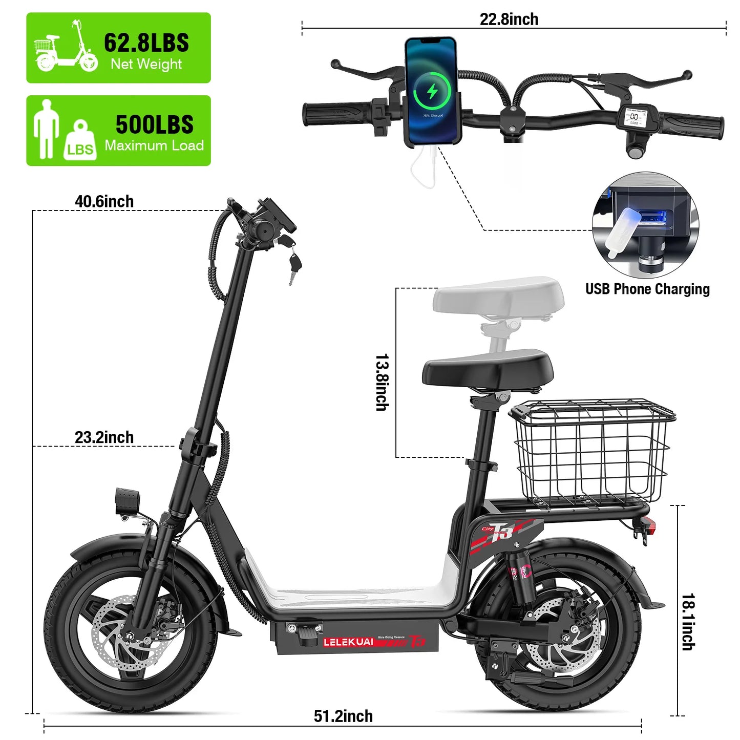 LELEKUAIFolded Luxury Adult Electric Bike 500W 48V 30MPH