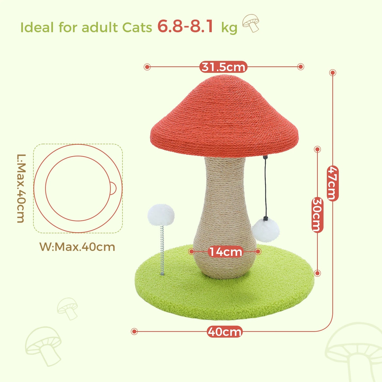 PAWZ Road Mushroom Cat Scratching Post With Sisal Cover And Pompoms