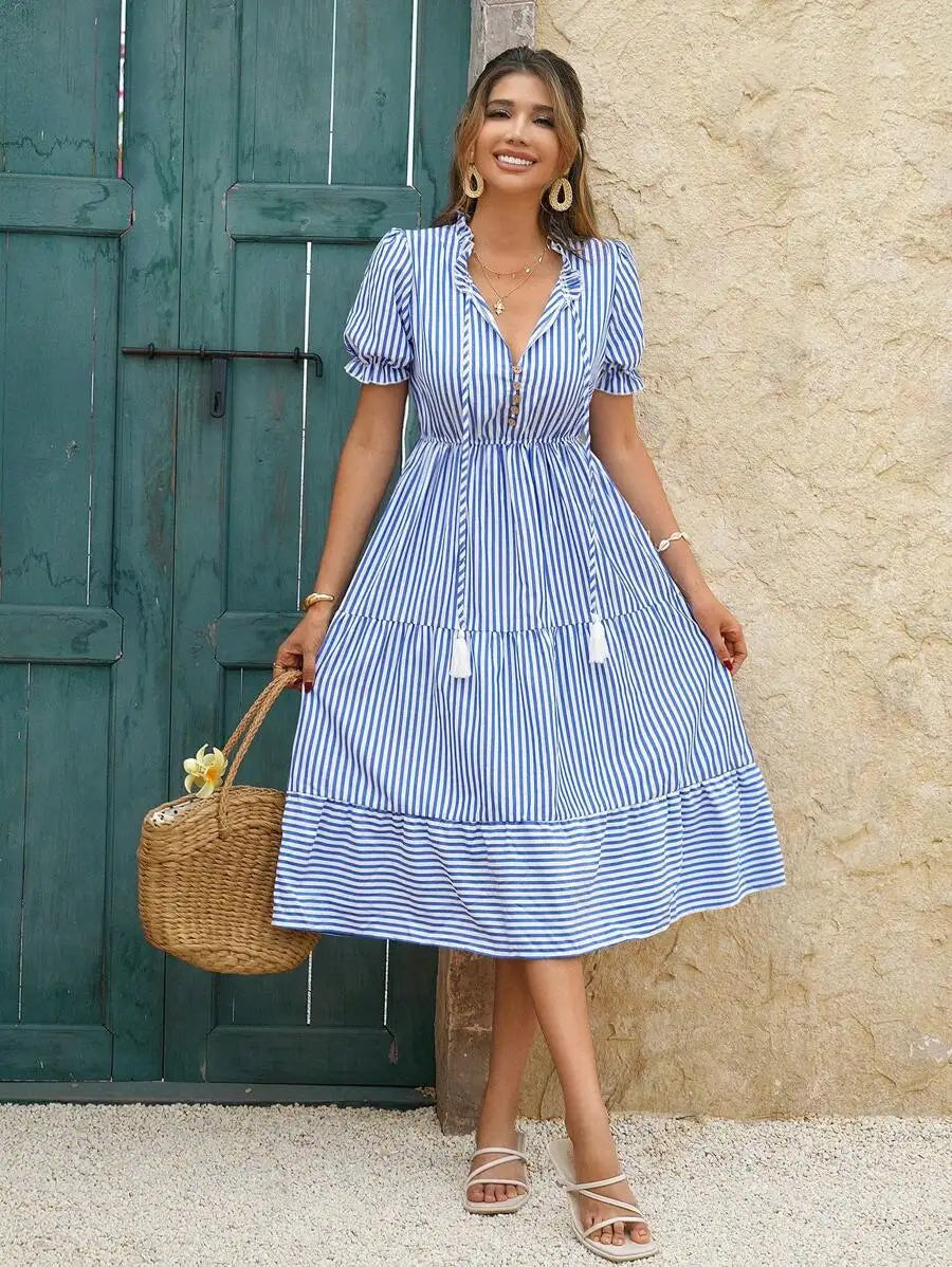 Vertical Striped Flounce Sleeve Tassel Tie Neck Midi Dress Women