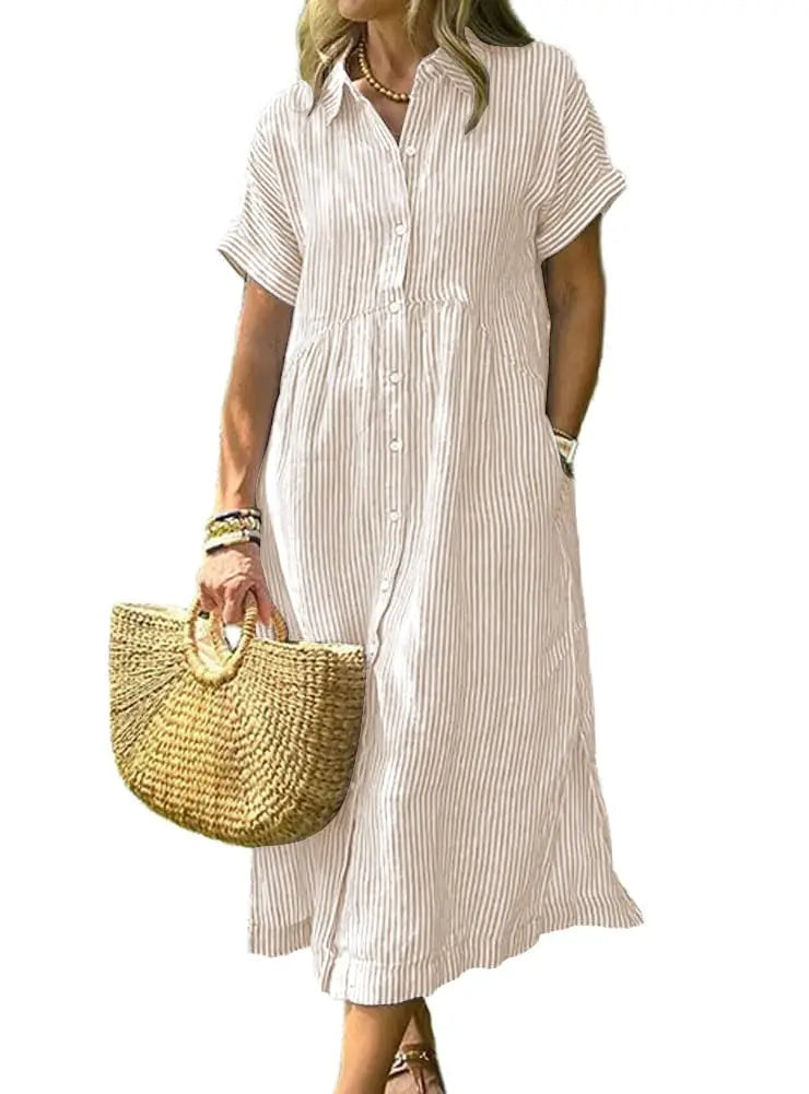 Womens Striped Linen Midi Shirt Dress Casual Loose Button Down