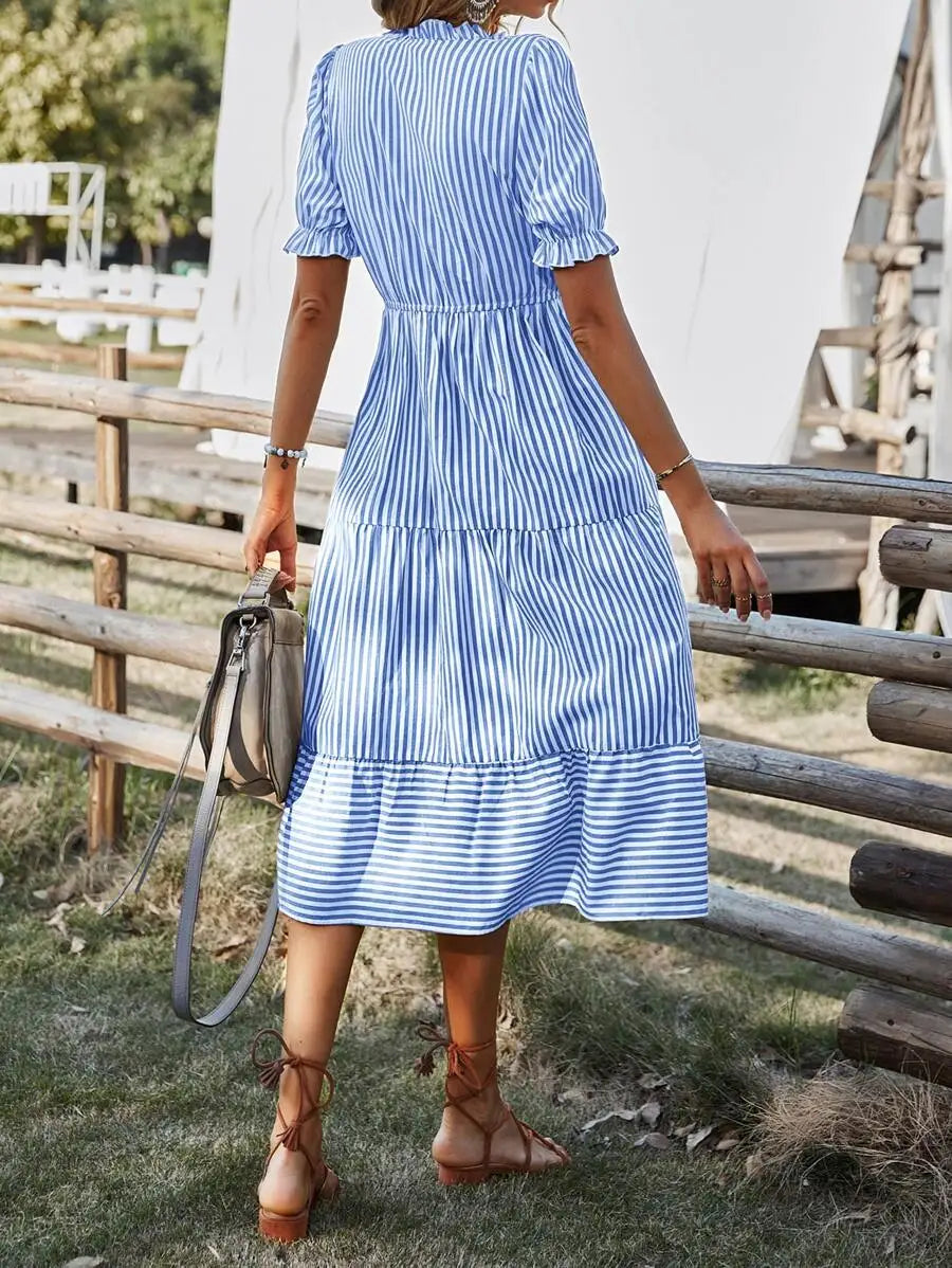 Vertical Striped Flounce Sleeve Tassel Tie Neck Midi Dress Women