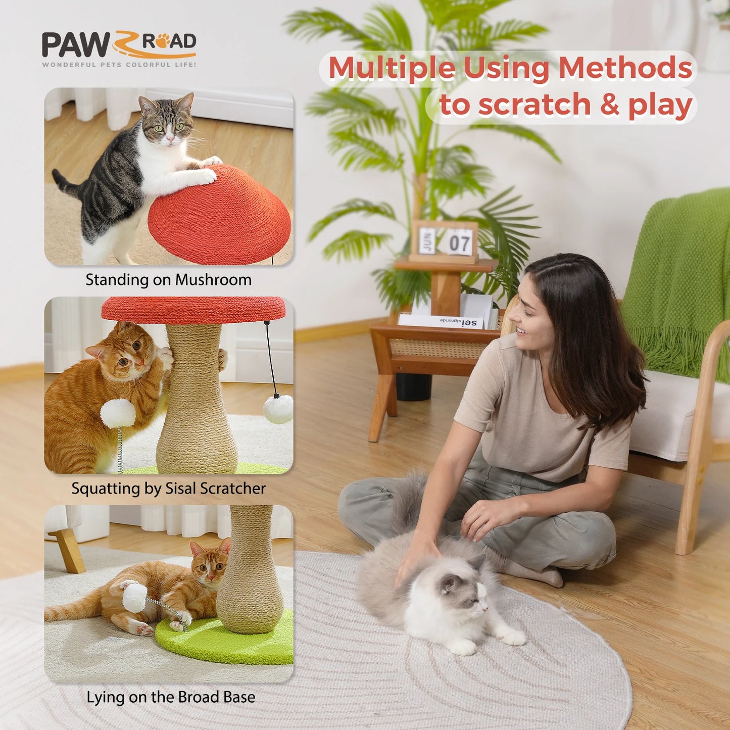 PAWZ Road Mushroom Cat Scratching Post With Sisal Cover And Pompoms