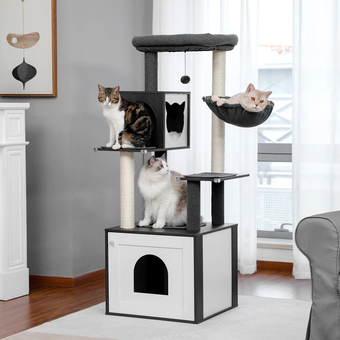 PAWZ Road Wood Cat Tree With Litter Box Enclosure And Storage Cabinet