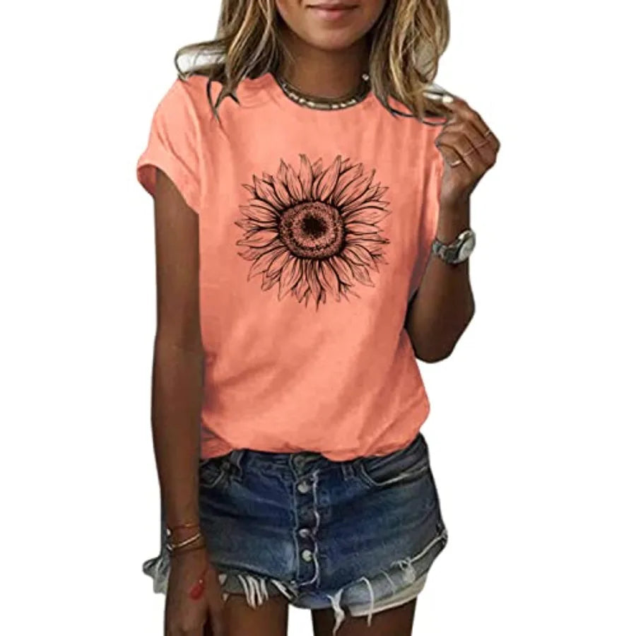 Sunflower Graphic Womens Short Sleeve Tee Top Polyester Everyday Comfort