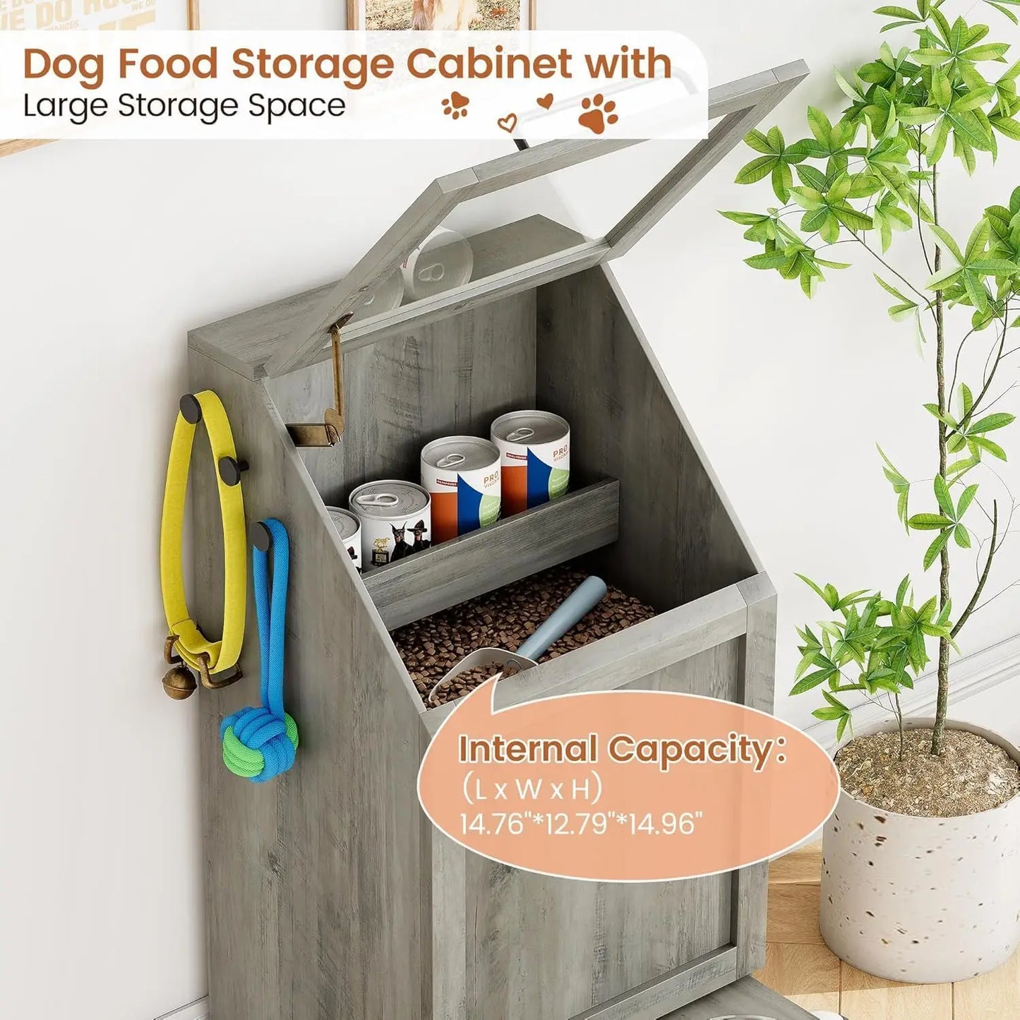 HiMISS Dog Feeding Station With Storage Cabinet And Hanger