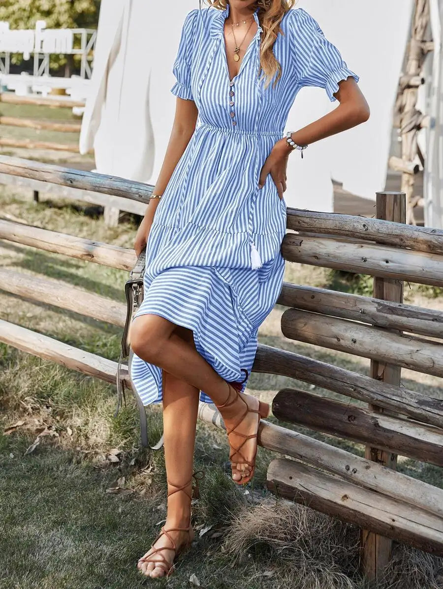 Vertical Striped Flounce Sleeve Tassel Tie Neck Midi Dress Women
