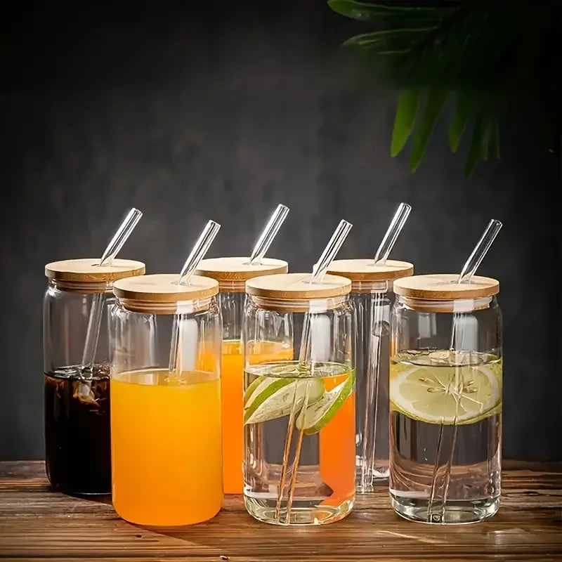 NONEDrinkware Glass Set With Bamboo Lids And Glass Straws