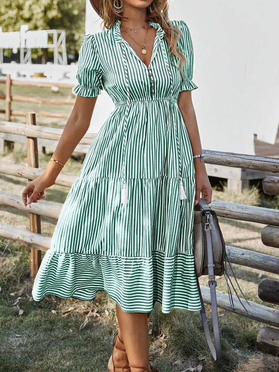 Vertical Striped Flounce Sleeve Tassel Tie Neck Midi Dress Women
