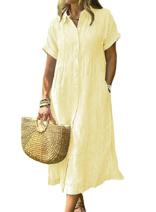 Womens Striped Linen Midi Shirt Dress Casual Loose Button Down