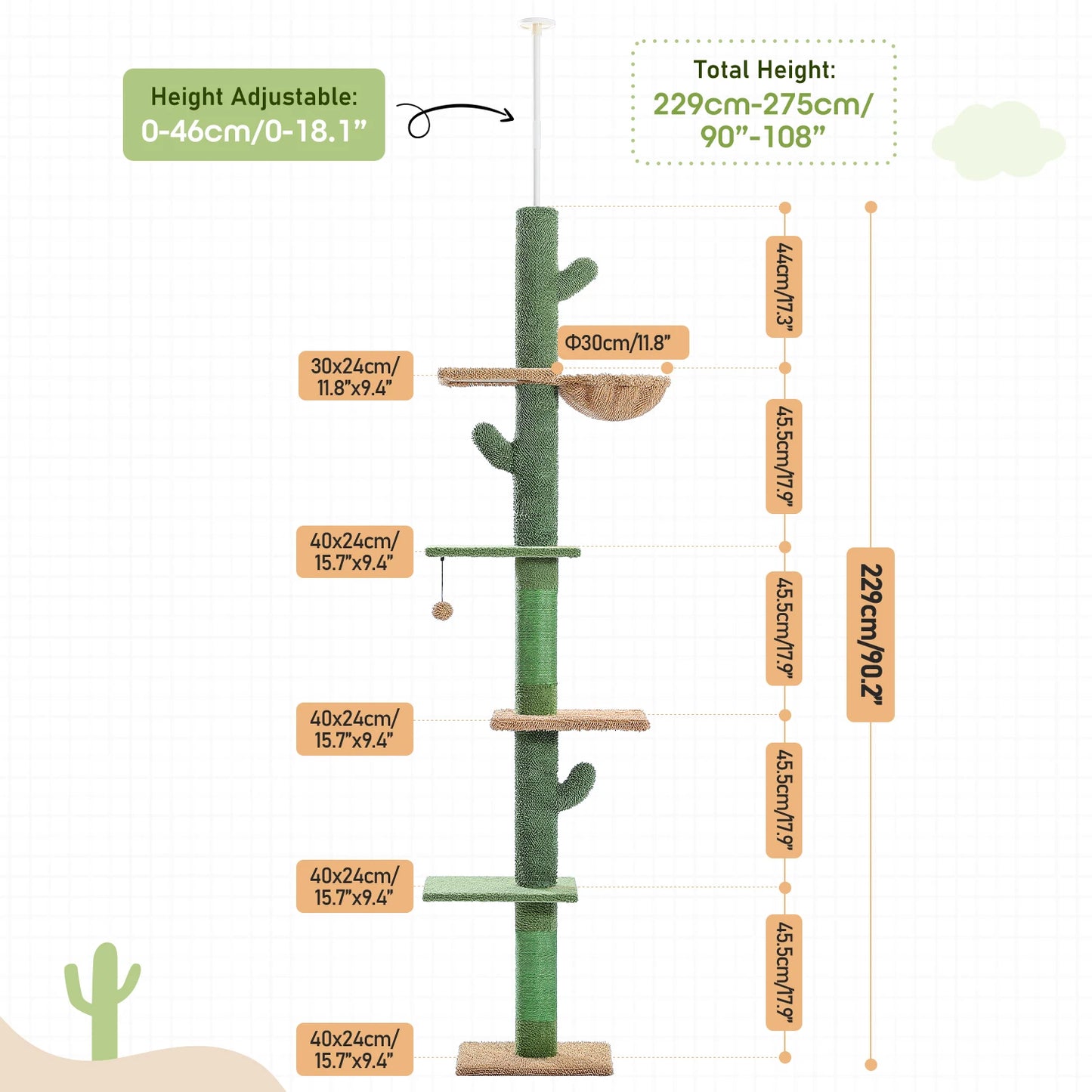 PAWZ Road Cat Tree 5Tier Floor To Ceiling Cactus Climber