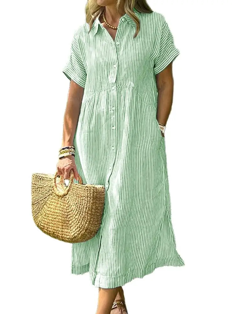 Womens Striped Linen Midi Shirt Dress Casual Loose Button Down