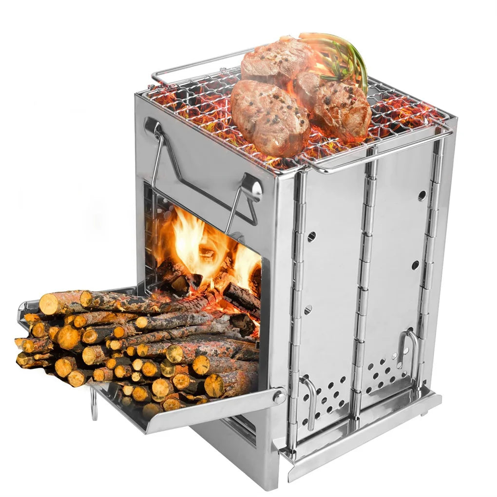 Foldable Camping Wood Burning Stove With Grill Stainless Steel