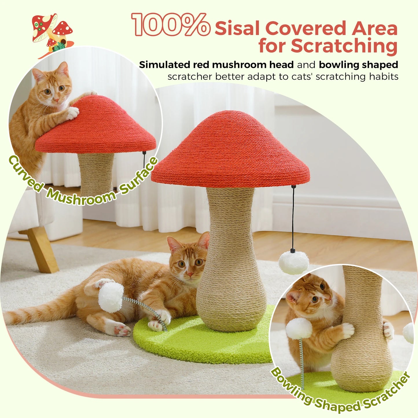 PAWZ Road Mushroom Cat Scratching Post With Sisal Cover And Pompoms
