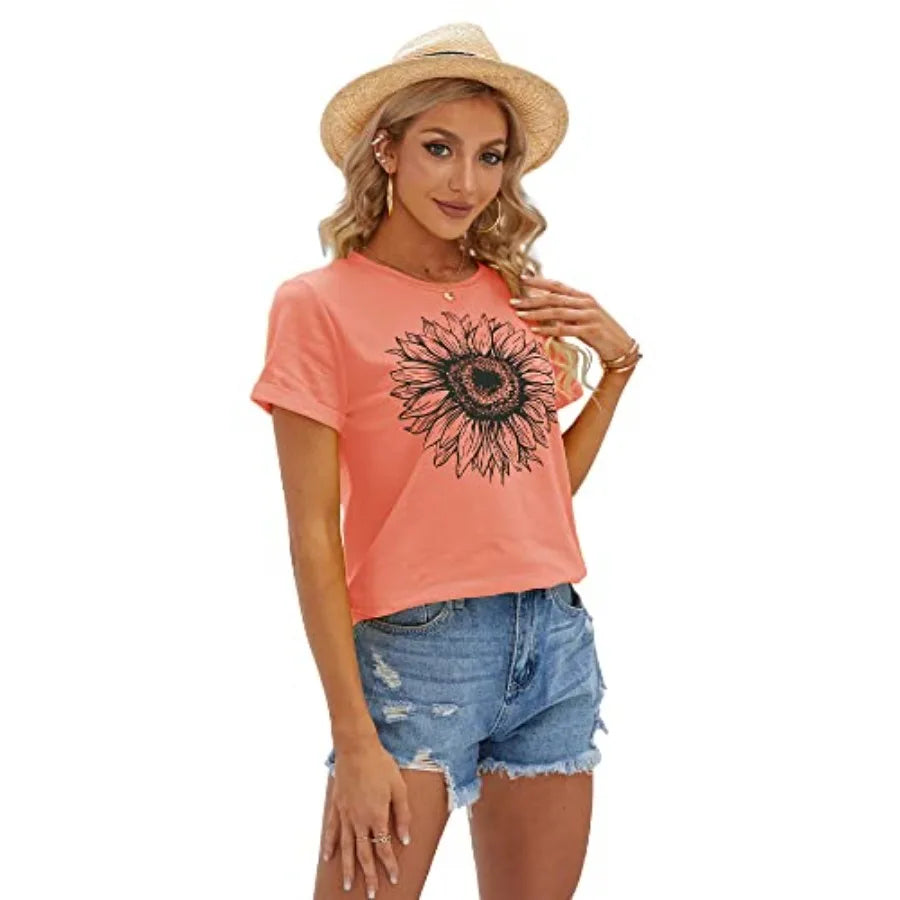 Sunflower Graphic Womens Short Sleeve Tee Top Polyester Everyday Comfort