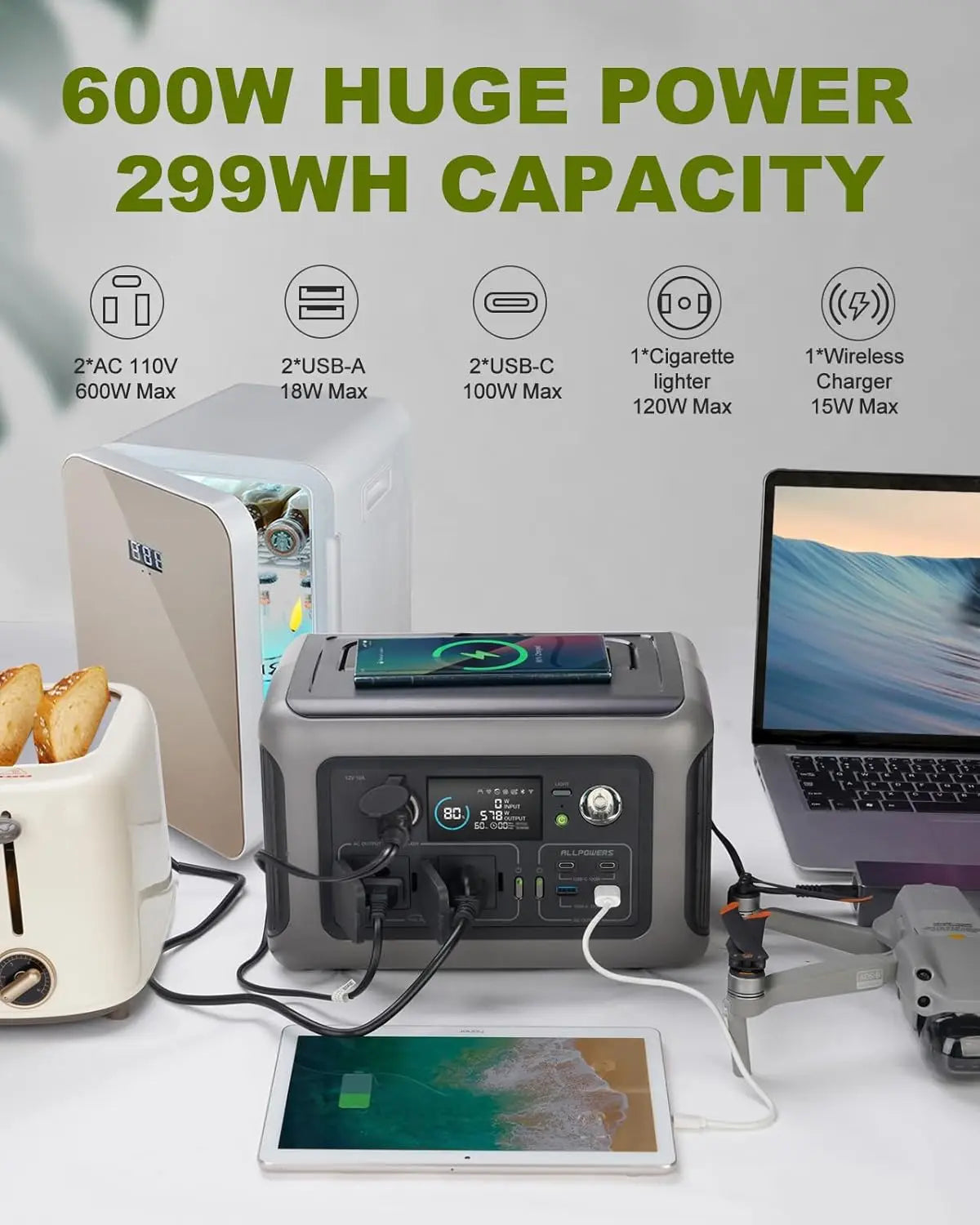 ALLPOWERS R600 Portable Power Station 299Wh LiFePO4 With 2x 600W AC Outlets
