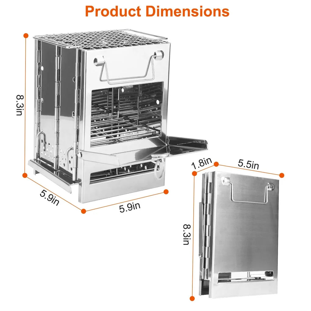 Foldable Camping Wood Burning Stove With Grill Stainless Steel