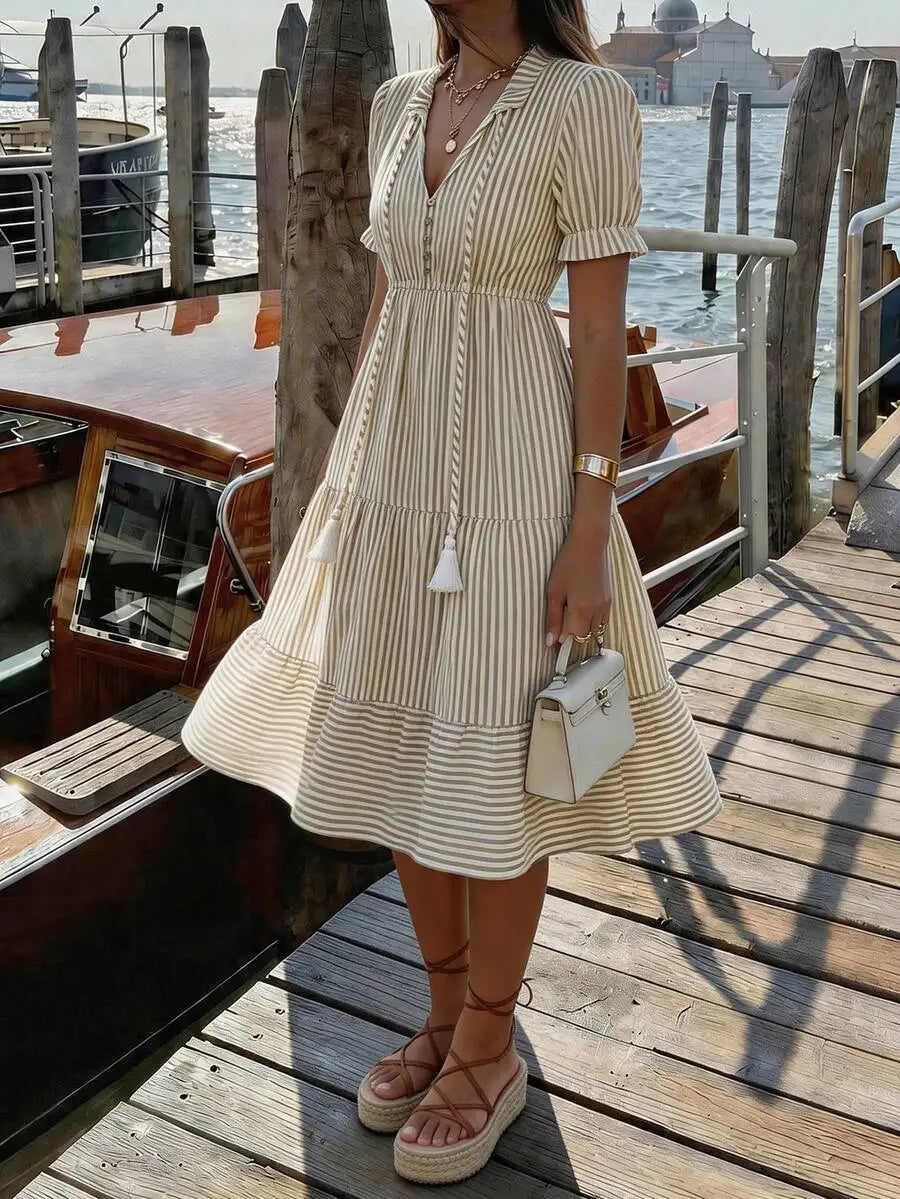 Vertical Striped Flounce Sleeve Tassel Tie Neck Midi Dress Women