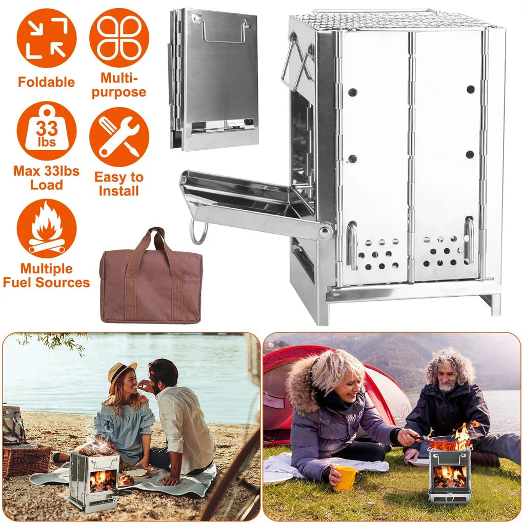 Foldable Camping Wood Burning Stove With Grill Stainless Steel