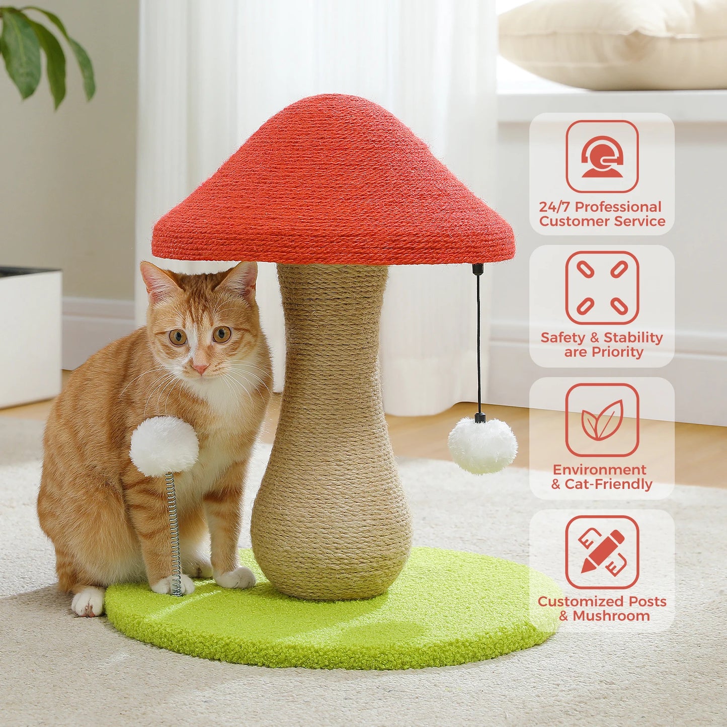 PAWZ Road Mushroom Cat Scratching Post With Sisal Cover And Pompoms