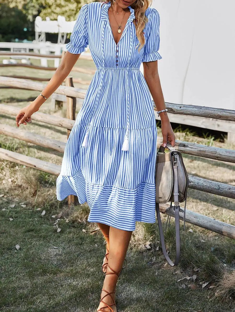 Vertical Striped Flounce Sleeve Tassel Tie Neck Midi Dress Women