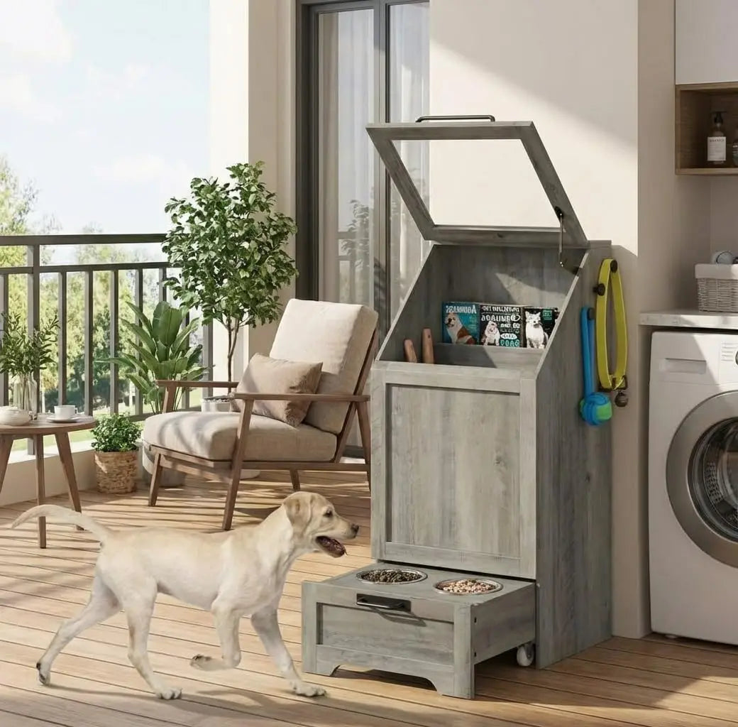 HiMISS Dog Feeding Station With Storage Cabinet And Hanger