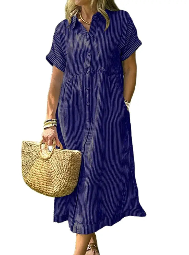 Womens Striped Linen Midi Shirt Dress Casual Loose Button Down