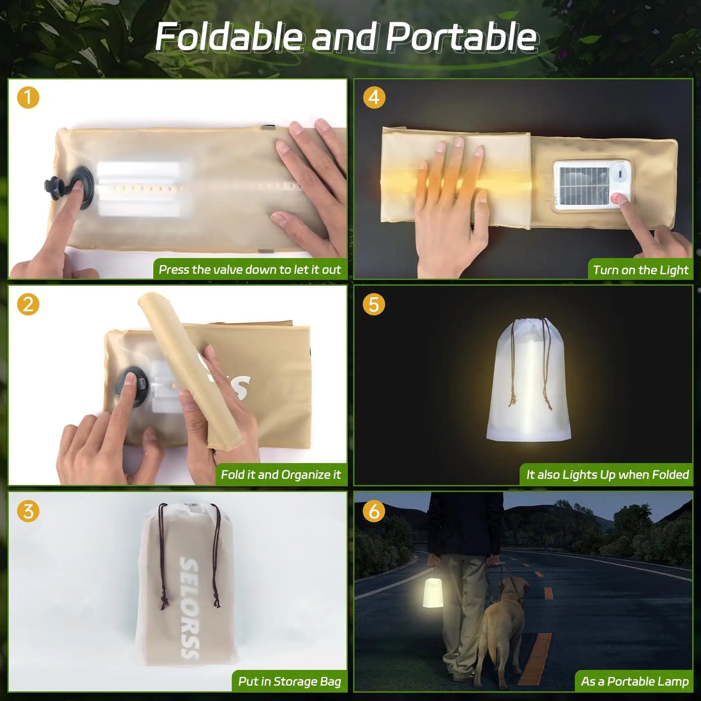 Solar Camping Lantern 2000mAh Folding Portable Waterproof USB Type C