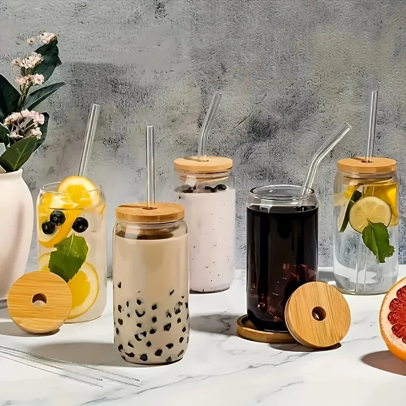 NONEDrinkware Glass Set With Bamboo Lids And Glass Straws