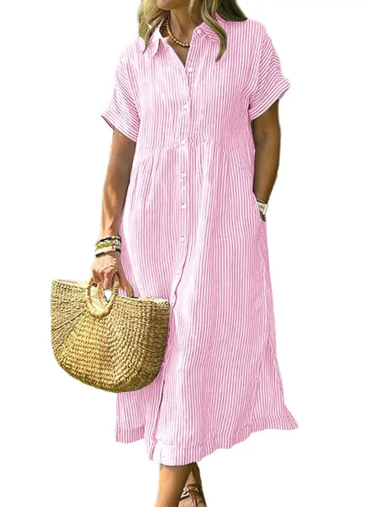 Womens Striped Linen Midi Shirt Dress Casual Loose Button Down