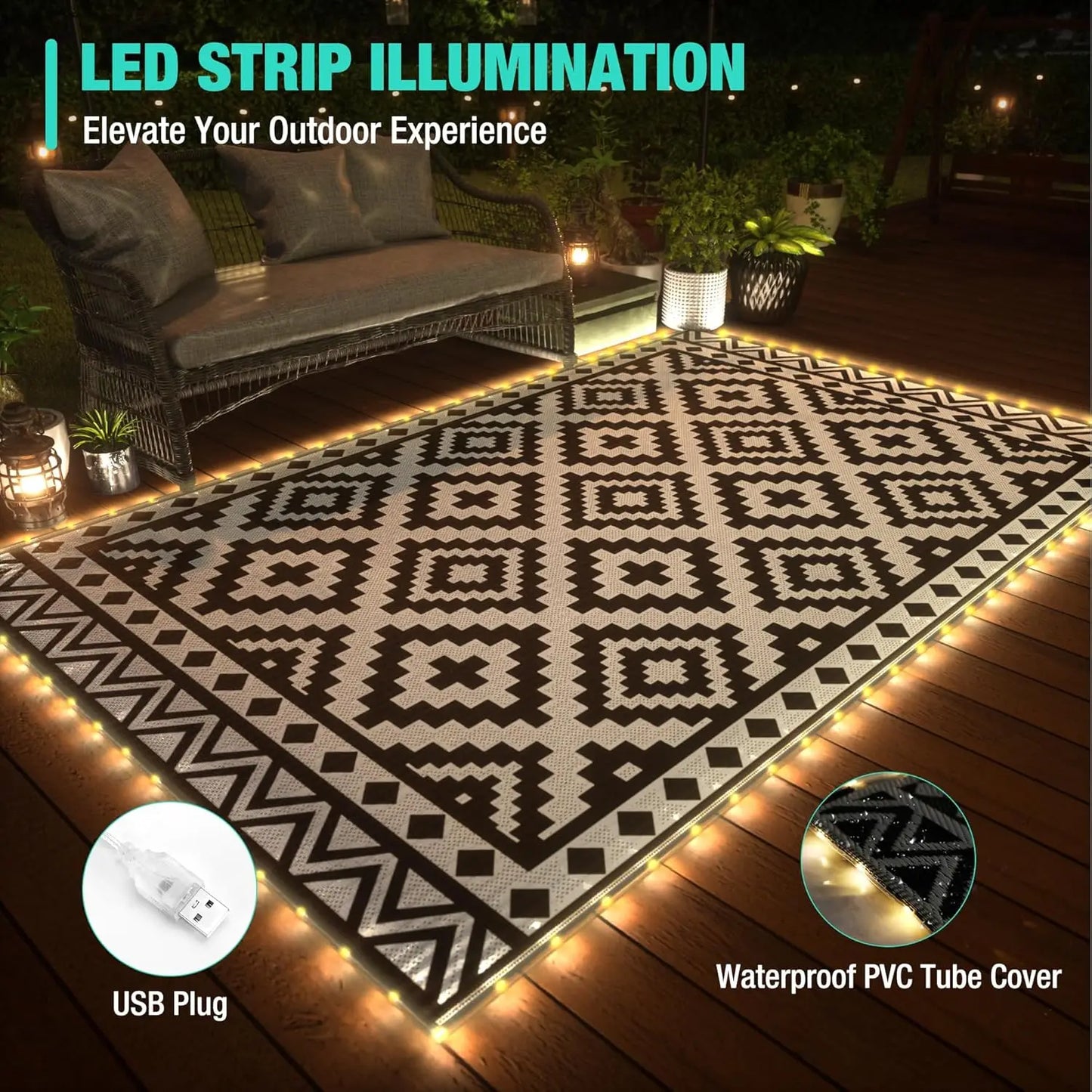 Waterproof Outdoor Rug With Led Lights For Patio RV Beach