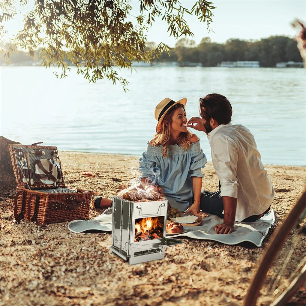 Foldable Camping Wood Burning Stove With Grill Stainless Steel