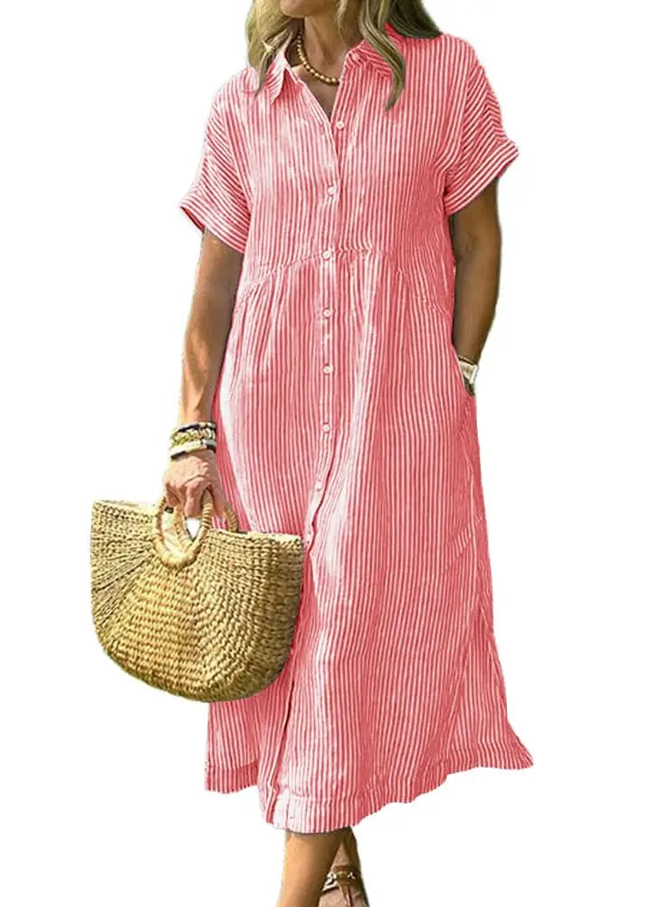 Womens Striped Linen Midi Shirt Dress Casual Loose Button Down