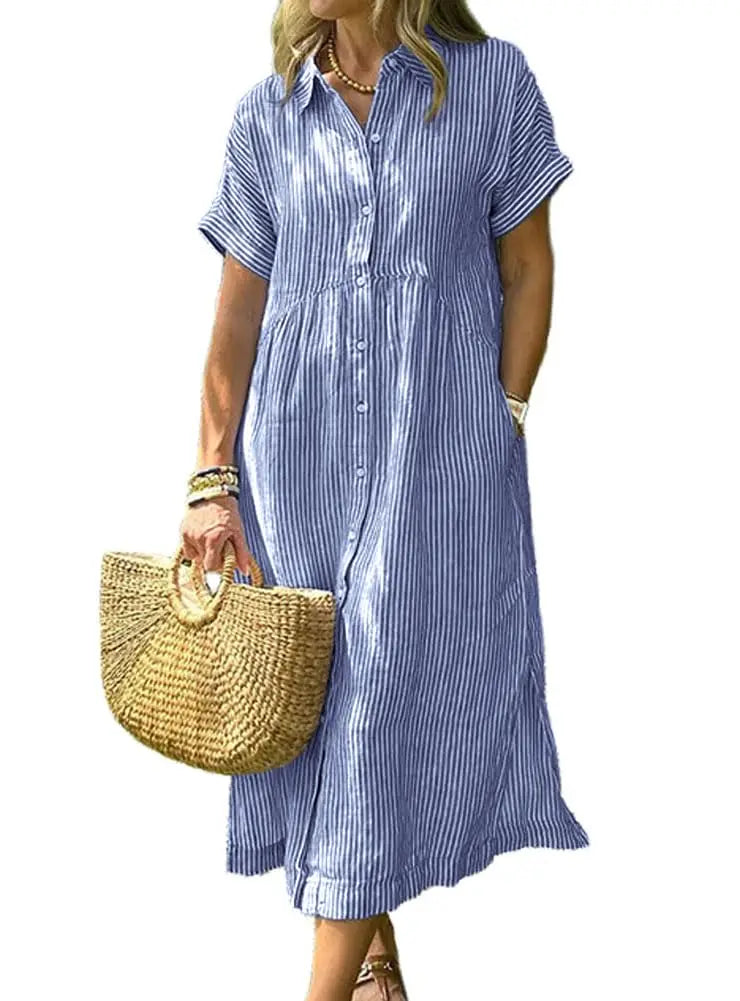 Womens Striped Linen Midi Shirt Dress Casual Loose Button Down